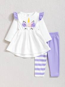 Baby Girls Set With 3D Unicorn Print Ruffle Top And Striped Pants, Autumn/Winter Outfit - Purple - View 6