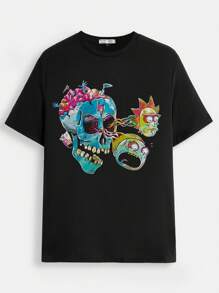 Rick and Morty X SHEIN Men's Casual Funny Cartoon Print Black Short Sleeve T-Shirt, Summer