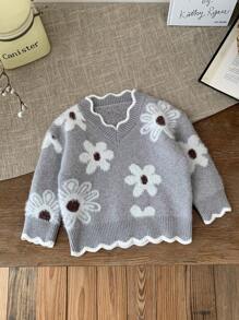 SHEIN LMoss Kids LMoss 女婴花卉图案灰色长袖毛衣，可爱百搭，秋冬 - 灰色 - 查看 3