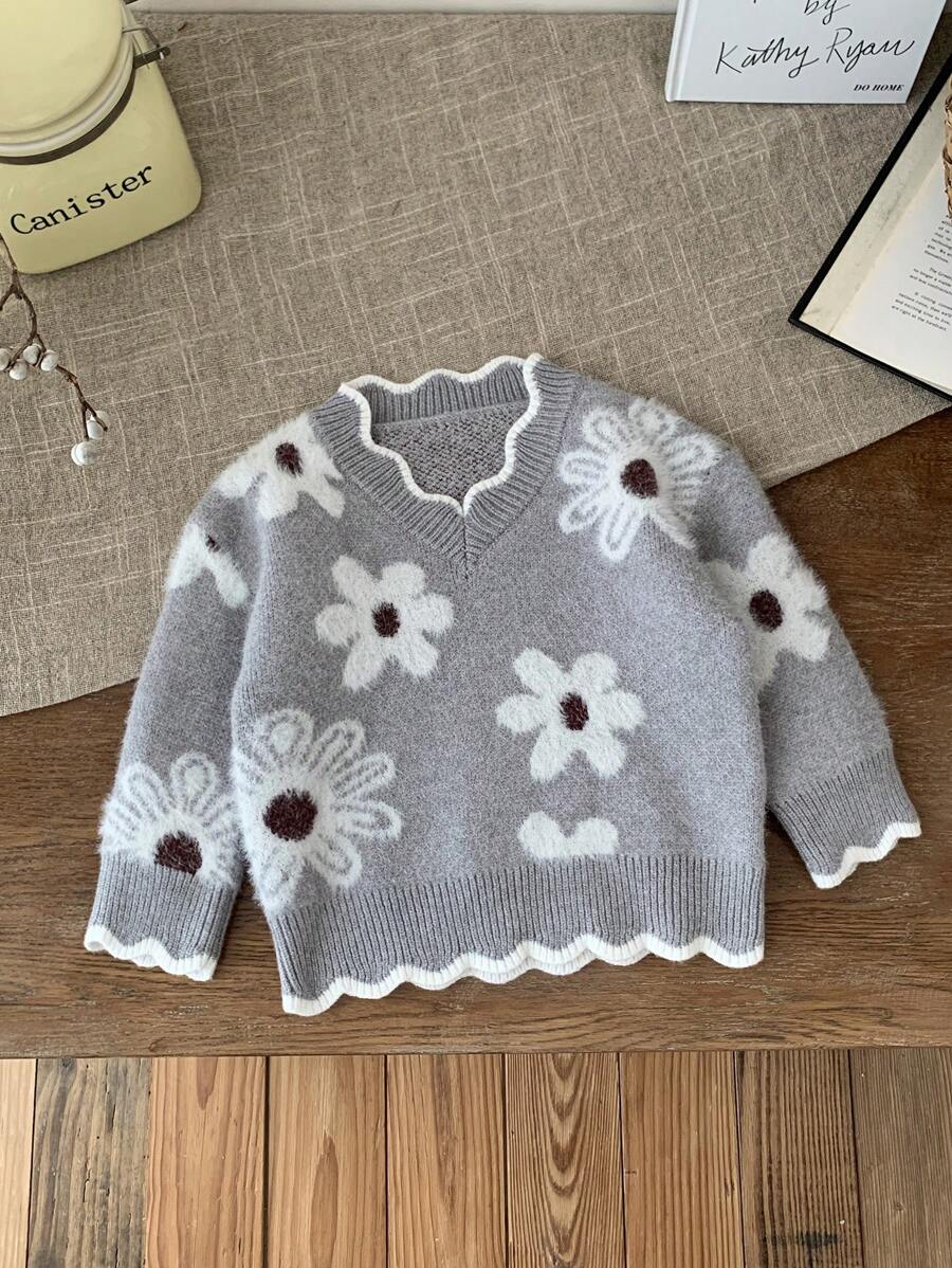 SHEIN LMoss Kids 少女花卉图案灰色长袖毛衣，可爱百搭，秋冬 - 灰色 - 查看 1