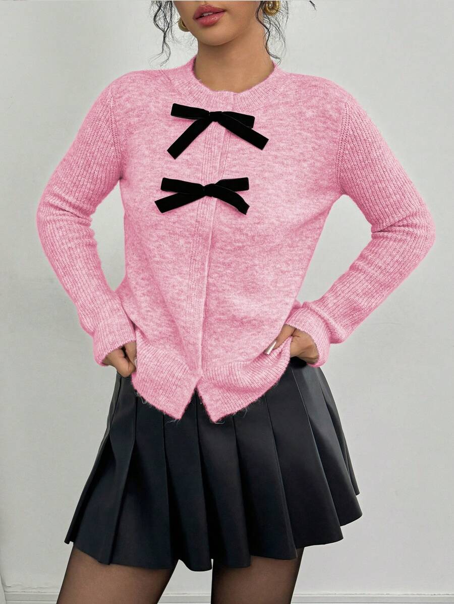 Elenzga 女士蝴蝶结装饰休闲百搭长袖针织开衫 - 粉色 - 查看 1