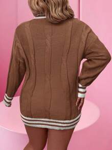 SHEIN LUNE 大码女式撞色条纹V领长袖休闲套头毛衣，秋冬针织套头衫 - 鏽棕色 - 查看 2