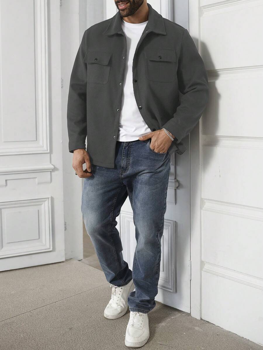 Manfinity Homme Plus Size Men's Solid Color Long Sleeve Single-Breasted Utility Pocket Jacket, Autumn/Winter - Dark Grey - View 1