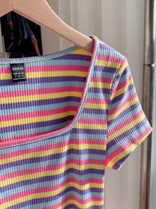 Comfortcana 3 件套女士彩色条纹短袖短款休闲修身 T 恤，适合夏季 - 彩色 - 查看 4