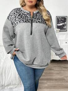 SHEIN CURVE+ 大码女式撞色豹纹半拉链半开襟卫衣，秋冬季/秋季女装/秋季上衣旅行机场装，秋冬T恤 - 灰色 - 查看 9