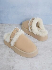 SHUZIA Giày đế bằng lông cừu Sherpa dễ thương hàng ngày cho nữ - Màu be - Xem 4