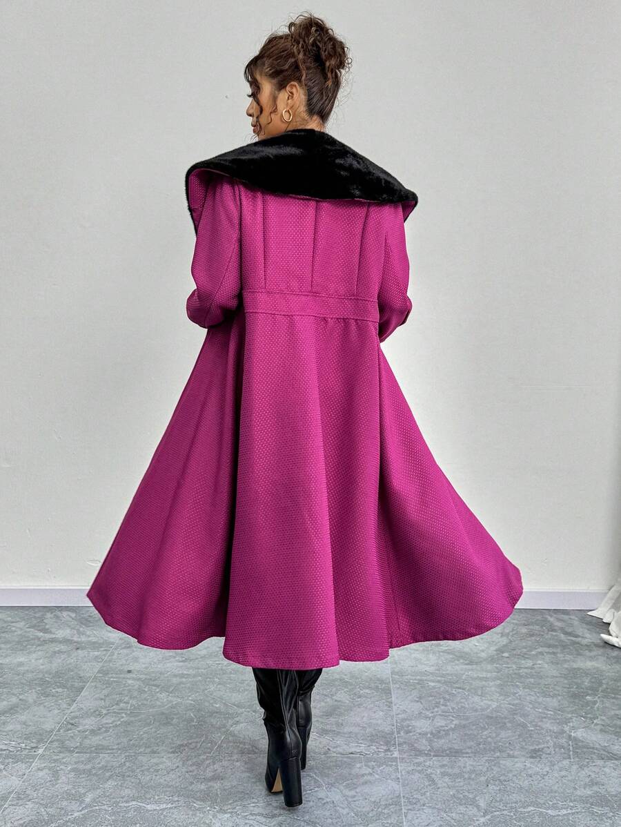 SHEIN Unity Women Plus Size Colorblock Fluffy Collar Double-Breasted Long Overcoat, Autumn/Winter Fall Cloth For Women - Purple - View 1