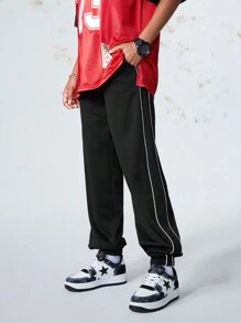 SHEIN Sports 女士撞色条纹前系带休闲运动裤 - 黑色 - 查看 10