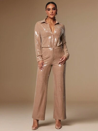 Silquee Women's Elegant Solid Color Sequin Palazzo Pants, Suitable For Party In Autumn/Winter