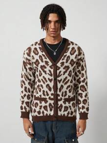 ROMWE MEN Street Life Men's V-Neck Long Sleeve Loose Knitted Cardigan With Leopard Pattern, Fall & Winter - Brown - View 1
