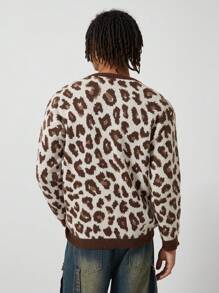 ROMWE MEN Street Life Men's V-Neck Long Sleeve Loose Knitted Cardigan With Leopard Pattern, Fall & Winter - Brown - View 5