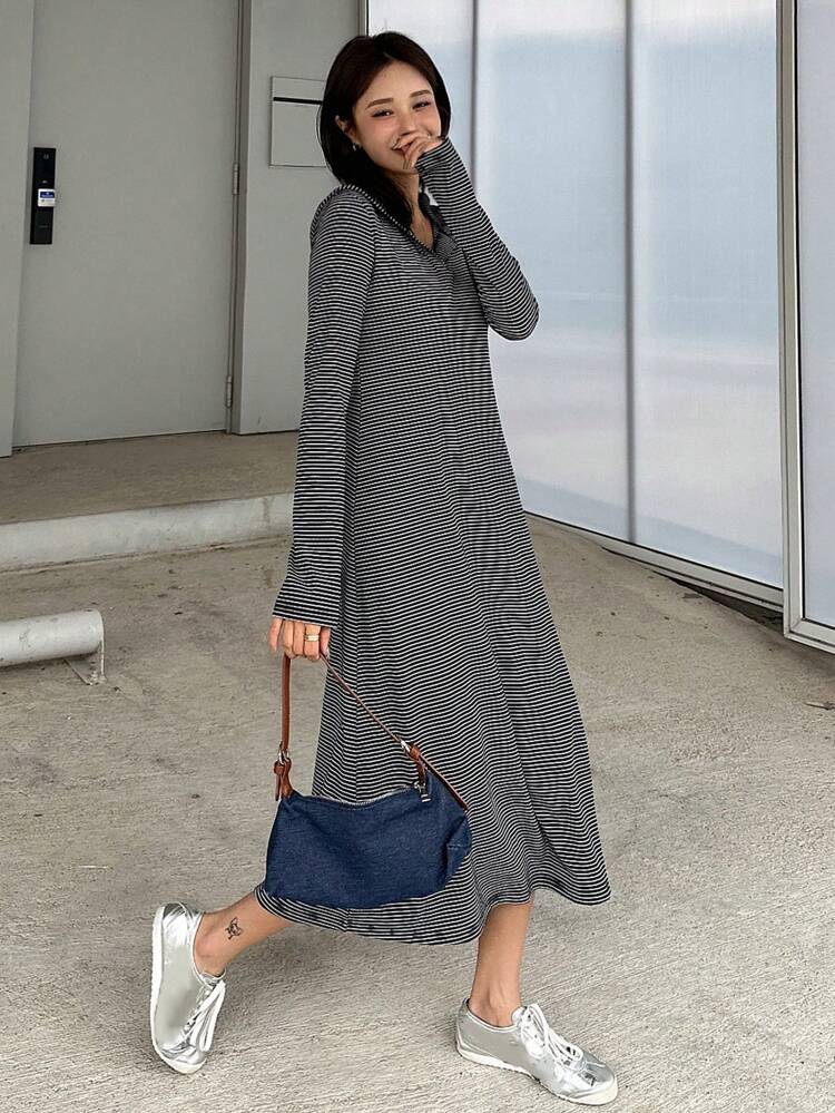 Striped Print Hooded Neck Long Sleeve Midi Dress For Women,Fall Clothes