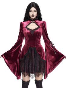 ROMWE Goth 哥特式宫廷风格迷人撞色蕾丝喇叭袖低胸多层蛋糕女式迷你连衣裙适合派对 - 紅色 - 查看 6