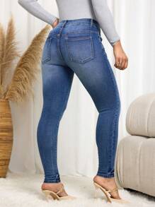 SHEIN Essnce Casual Washed Skinny Jeans, Autumn/Winter - Medium Wash - View 2
