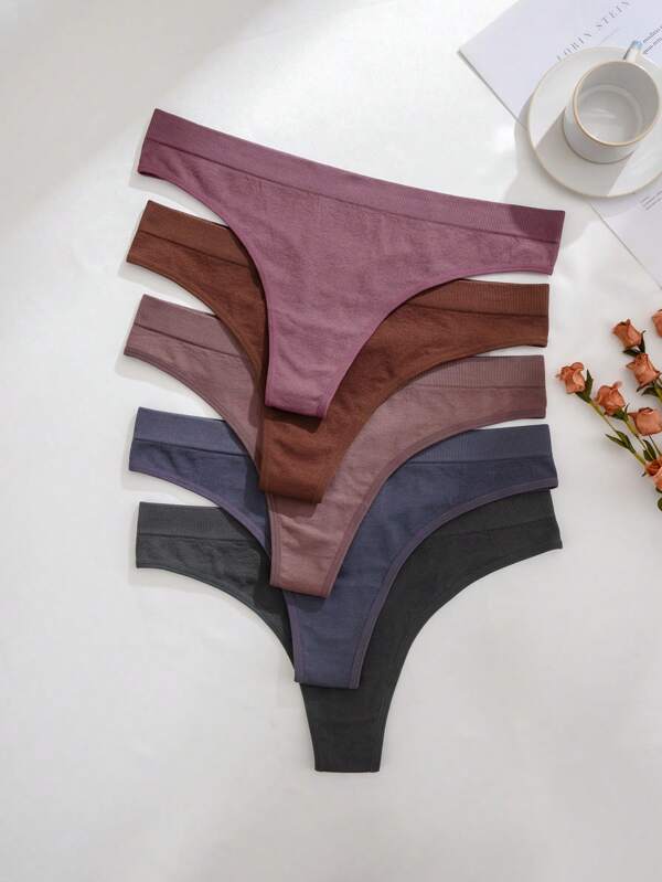 5pcs/Set Plus Size Seamless Comfortable Ribbed Thong Panties, Casual Collection