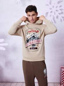 THE POLAR EXPRESS X SHEIN Men Graphic Print Hoodie & Pants Set, For Christmas - Khaki - View 8