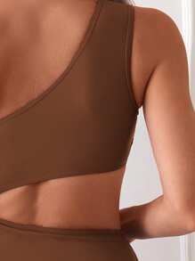 SHEIN Swim 女式纯色连体泳衣，腰部镂空和褶饰细节，紧身款式夏季 - 棕色 - 查看 6