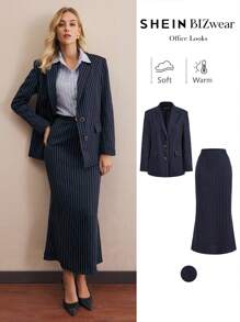 BizChic Bộ 2 quần áo vest sọc dài tay cho nữ, trang phục công sở thanh lịch, xuân/hè - Màu xanh hải quân - Xem 2