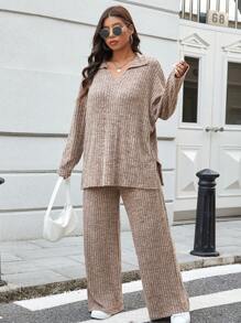 SHEIN LUNE Conjunto de 2 piezas para mujer talla grande, con top de manga larga tipo murciélago de unicolor acanalado y pantalones holgados. Conjunto informal a juego para atuendo de otoño y vacaciones - Marrón Mocha - Ver 4