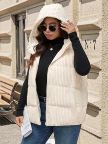 SHEIN LUNE Plus Size Vest Padded Coat With Hooded And Pockets, Warm And Thickened Winter Coat New Years Holiday Thermal - Apricot - View 5