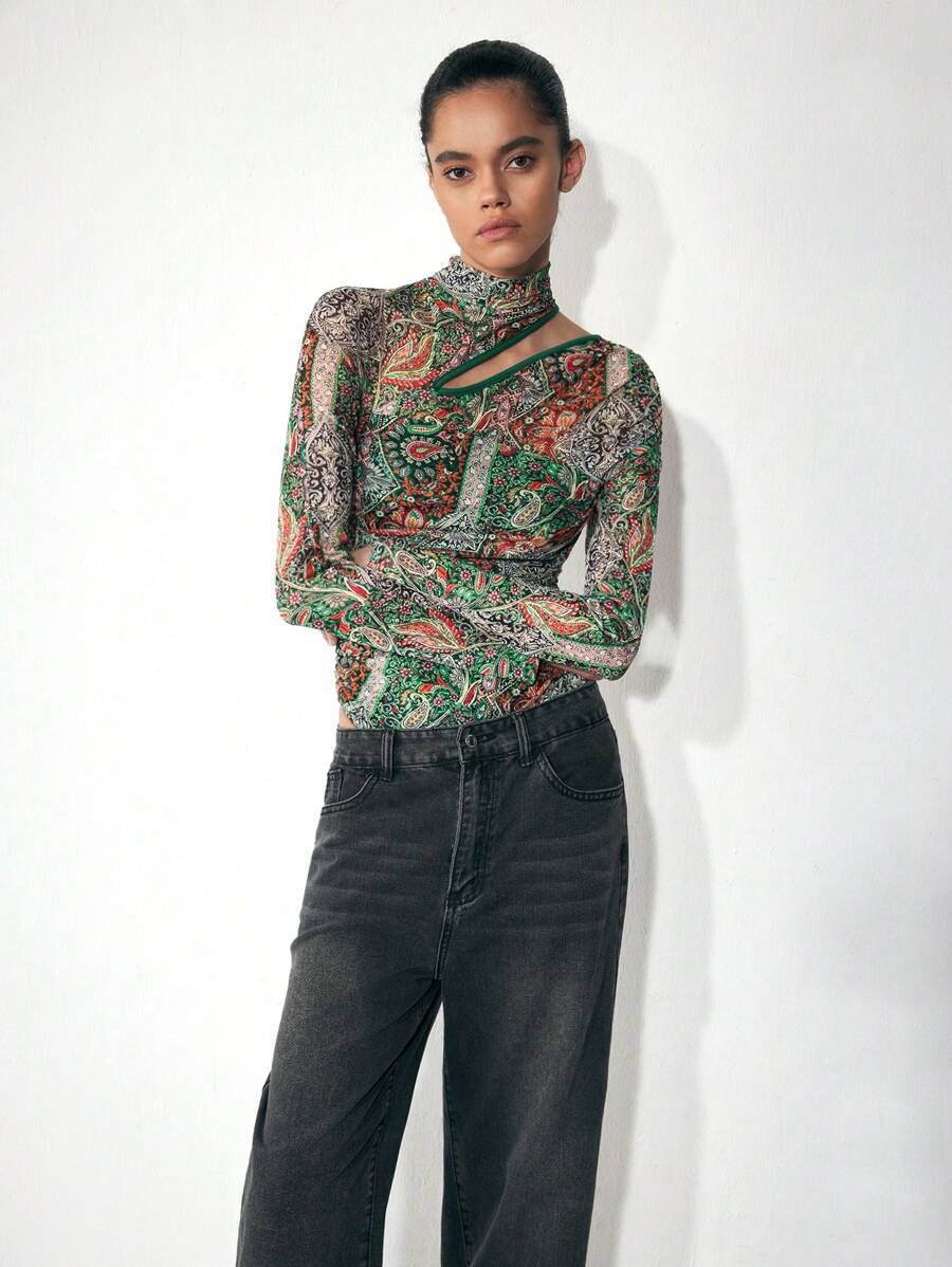 Maija 女士秋冬巴黎图案印花立领镂空长袖修身紧身衣，百搭日常穿着