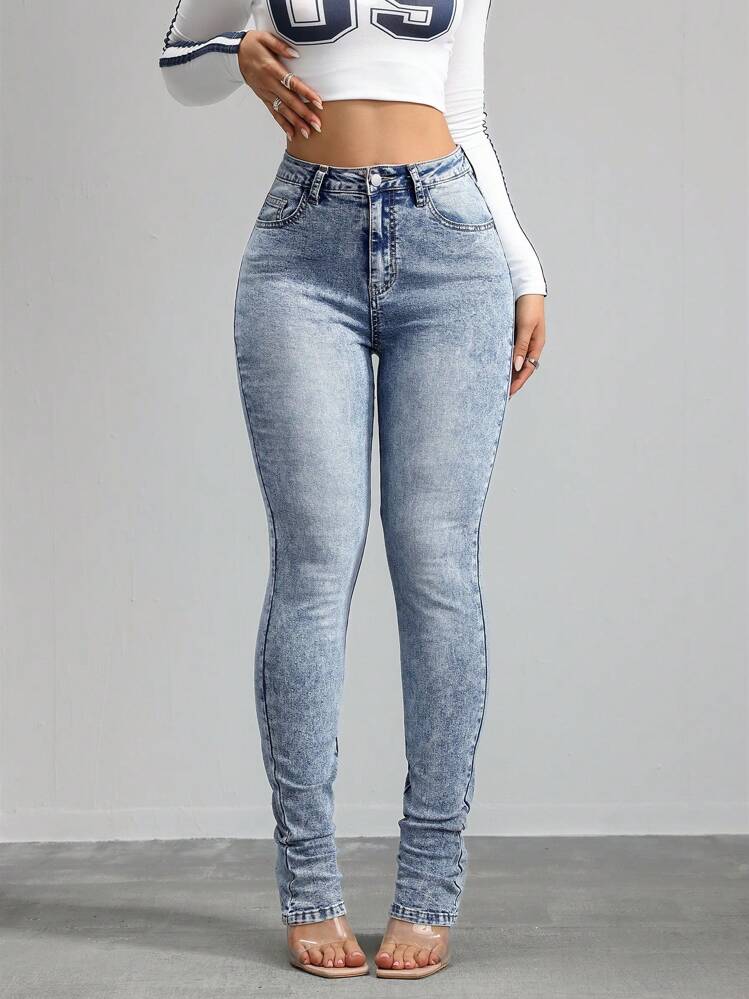SHEIN Tall Jeans da donna sexy aderenti ed elastici con gamba a zampa, pantaloni a vita bassa blu donna a zampa di elefante, leggins a zampa di elefante in denim, pantaloni a zampa di donna alta, collant a zampa di donna alta, jeans impilati da donna - Lavaggio chiaro - Visualizzare 6
