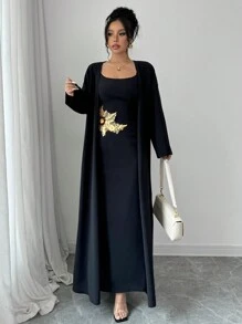 Modelyn Đầm đuôi cá bó sát in họa tiết lá vàng thanh lịch dành cho nữ 2 món - màu đen - Xem 4