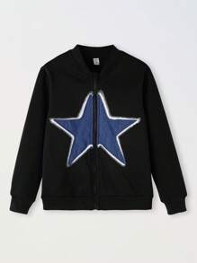 Tween Boys Star Patched Zipper Up Jacket, Autumn/Winter - Black - View 1