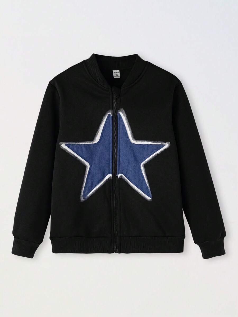 Tween Boys Star Patched Zipper Up Jacket, Autumn/Winter - Black - View 1