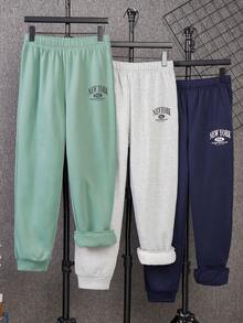 SHEIN 3 件套休闲宽松舒适运动美式字母印花针织运动裤套装，适合青少年上学、户外活动，也可作为礼物，适合秋冬季 - 藏蓝色 - 查看 7