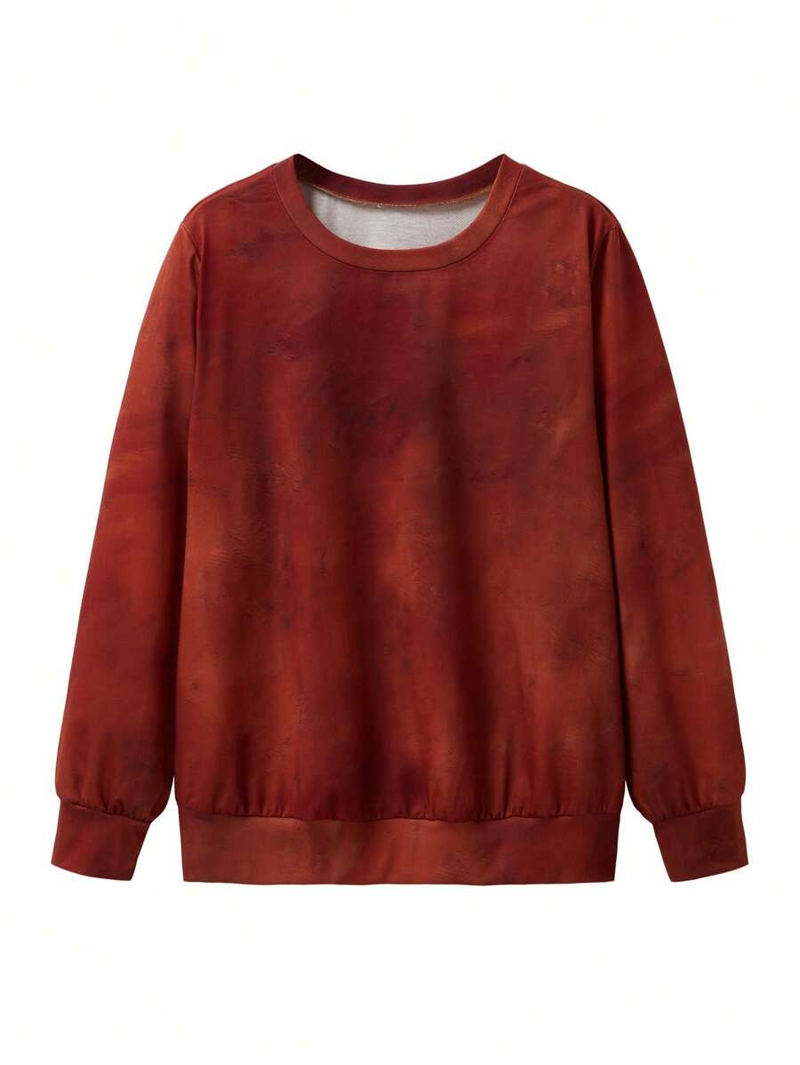 SHEIN LUNE Sweat-shirt-shirt col rond casual à imprimé tie-dye pour femmes grandes tailles, pull d'automne - Marron fonçé - Voir 1