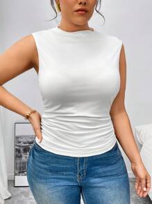 SHEIN Privé Plus Size Elegant Mock Neck Ruched Fitted Tank Top - Multicolor - View 4