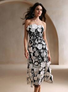 Anewsta 女士优雅派对及节日刺绣花卉网眼覆盖露肩连衣裙 - 黑色 - 查看 4