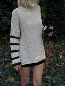 INAWLY Women Casual Contrasting Stripe Loose Knit Sweater, Autumn/Winter Knit Pullover Fall - Apricot - View 1