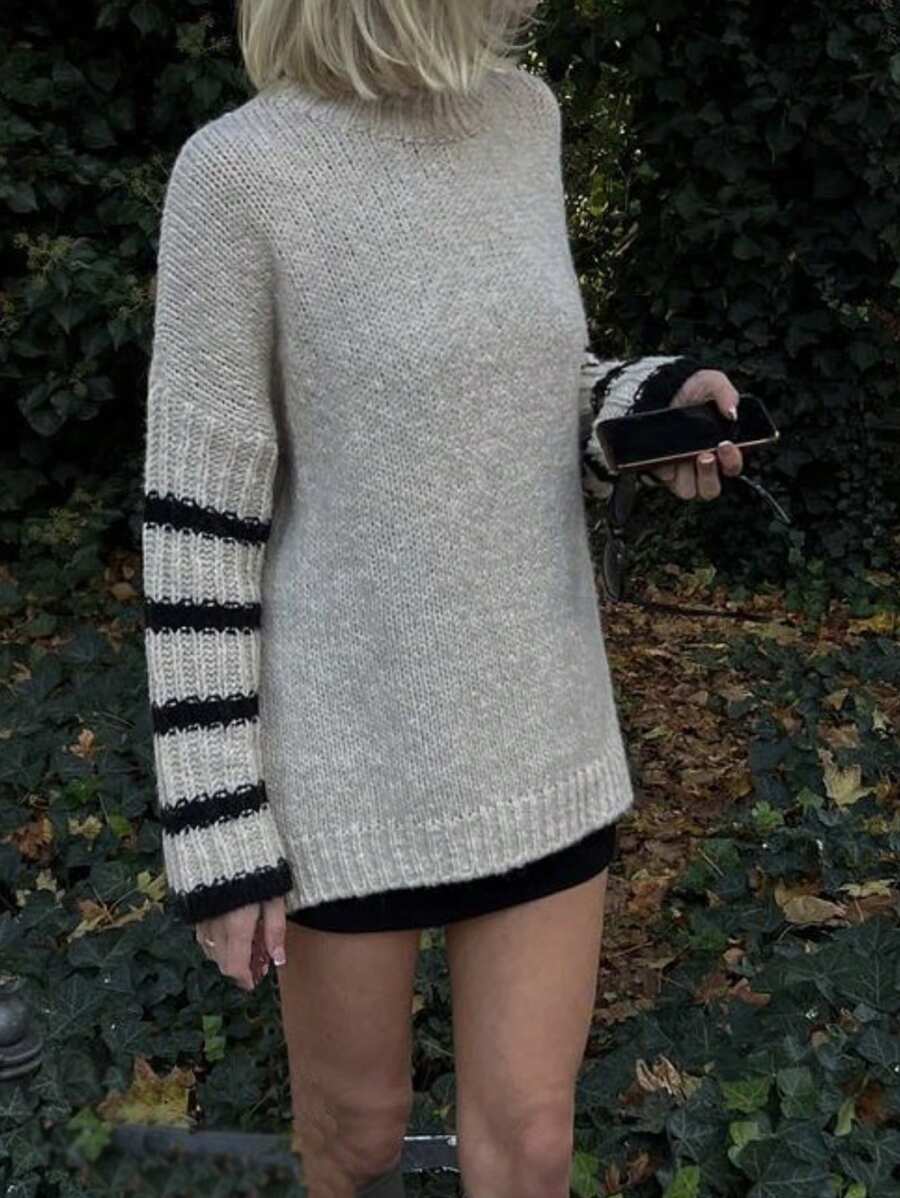 INAWLY Women Casual Contrasting Stripe Loose Knit Sweater, Autumn/Winter Knit Pullover Fall - Apricot - View 1