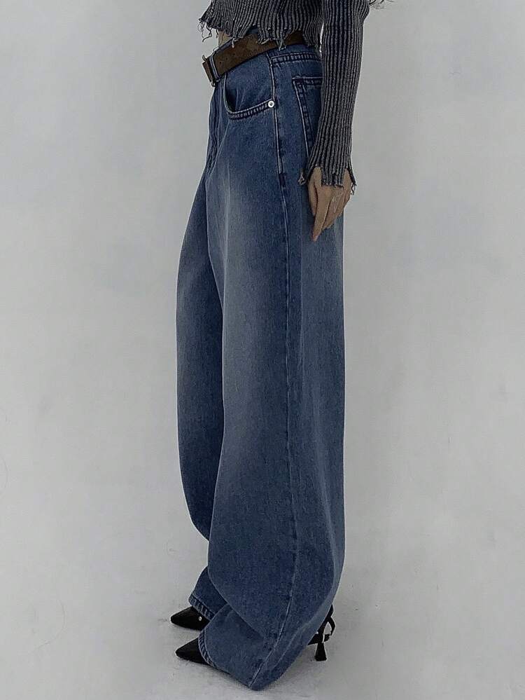 Women Washed Asymmetrical Loose Wide Leg Jeans,Baggy Jeans