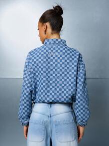 SUMWON WOMEN Classic Checker Print Trucker Denim Jacket Fall Winter Streetwear Statement Fashion Casual Weekend Layering Piece Retro Y2K Aesthetic - Baby Blue - View 2