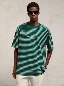 AKNOTIC Business Casual Men's Loose Knit Striped Round Neck Short Sleeve T-Shirt - Green - View 2