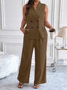 Celure 加大码无袖翻领双排扣碎花灰色西装外套和直筒阔腿裤套装 - 棕色 - 查看 4