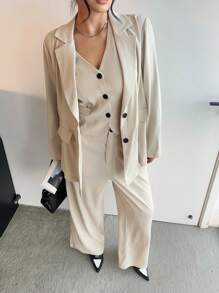 Calvaya 3 件套杏色套装：夹克、背心和裤子，适合办公室和通勤，秋季 - 白色 - 查看 3