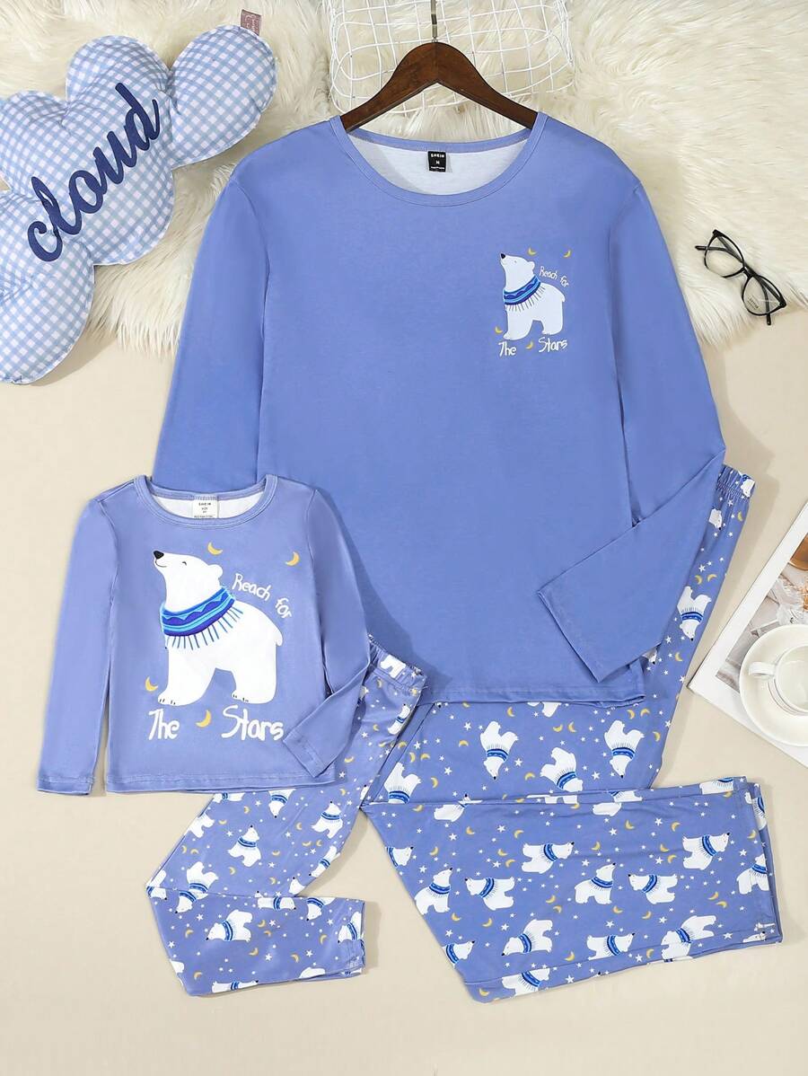 2pcs Men Polar Bear Print Casual Lounge Set, Including Long Sleeve Top And Pants, Comfortable And Fashionable - Blue - View 1
