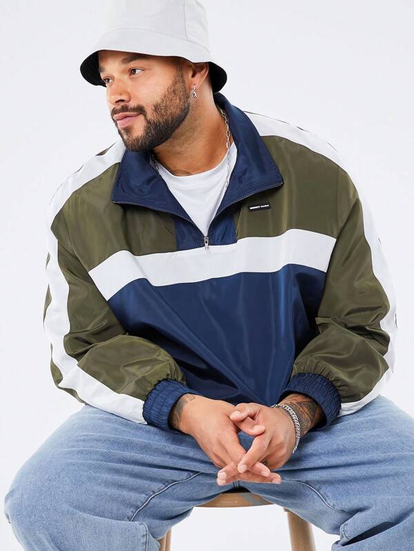 Manfinity NXTstreet Plus Size Men's Letter Print Casual Long Sleeve Partial Zip Jacket, Color Block Lightweight Jacket, For Autumn Going Out, Friends, Husband, Boyfriend Gifts