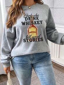 女式休闲图案印花落肩宽松羊毛圆领运动衫，秋冬 - 灰色 - 查看 4