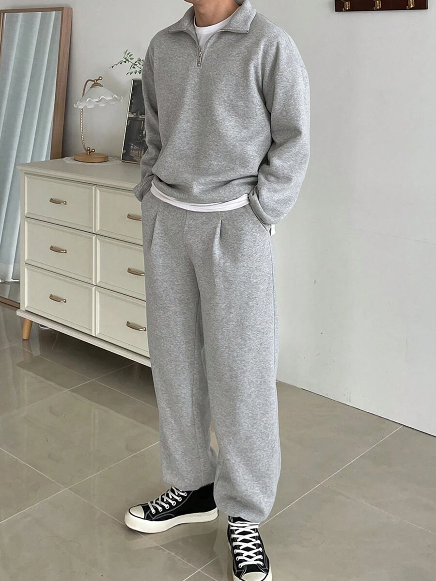 DAZY Men 2pcs/Set Solid Color Full Zip Up Sweatshirt & Sweatpants Sports Suit, Autumn, Cozy Outfits Quarter Zip Men - Light Grey - View 1