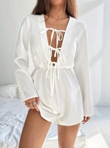 Flirla 女式编织镂空系带长袖连体裤 - 白色 - 查看 4