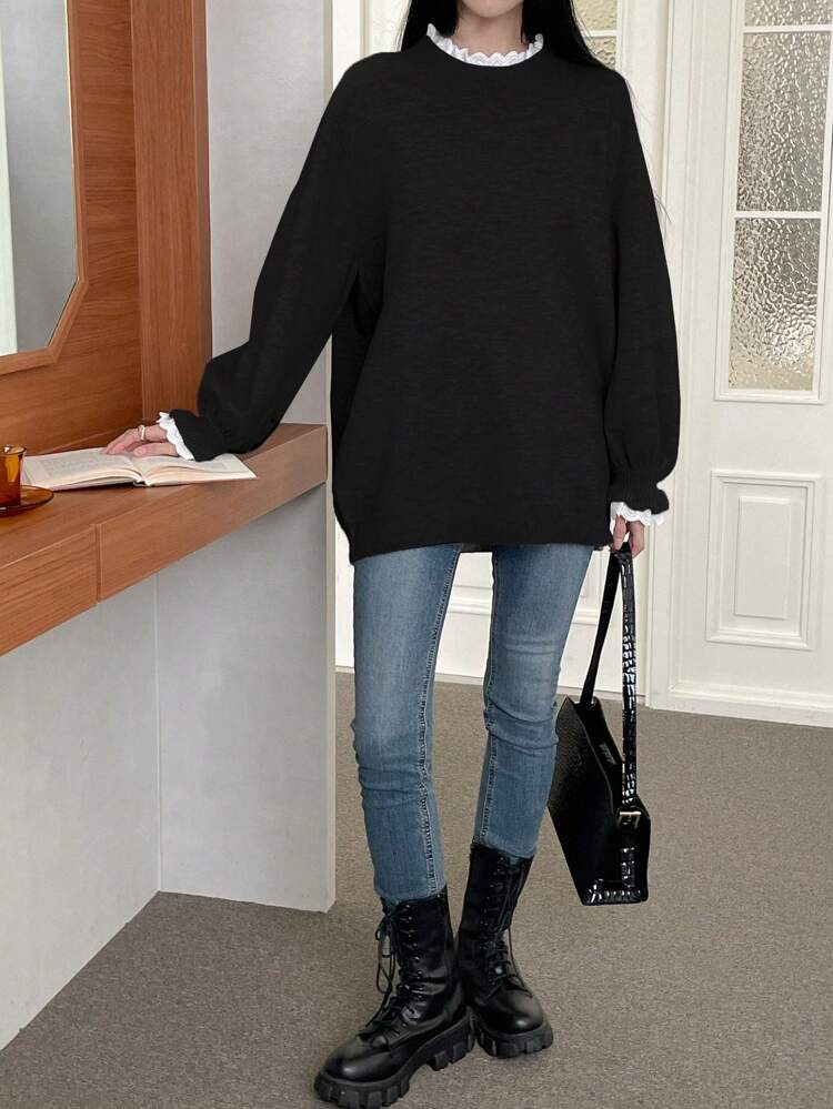 Women Colorblock Round Neck Long Sleeve Loose Knit Sweater, Casual For Autumn/Winter