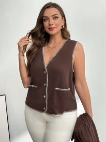 SHEIN Privé Plus Size Women's Brown Scarf Vest&Long-Sleeved Cardigan 3-Piece Set,Autumn Winter Casual Office Fashion Loose Comfortable Thermal Coats Curve Tops - Brown - View 3