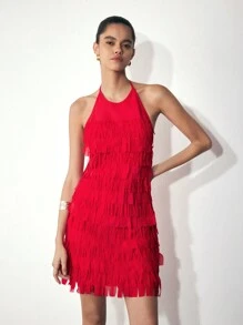 Maija Women's Red Solid Color Halter Backless Tassel Sexy Party Dress, Elegant For Christmas, Holiday Party, Festival - Red - View 5