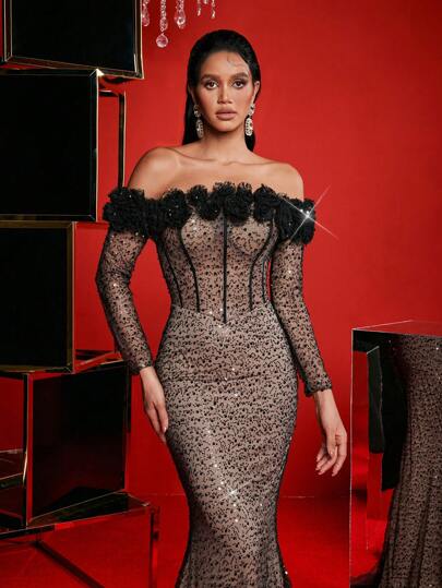 Glamrae Elegante rode off-shoulder halslijn 3D bloemen buste cup baleinen taille-getailleerde vissenstaart jurk, geschikt voor bruiloft, vrijgezellenfeest, vakantie, afstuderen, gala, informele avondjurk, bruiloftsgastjurk