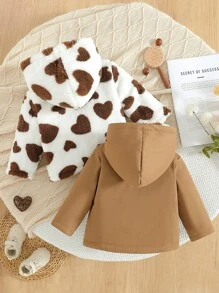 Baby Girl Reversible Heart Pattern Hooded Casual Jacket For Fall/Winter - Chocolate Brown - View 2